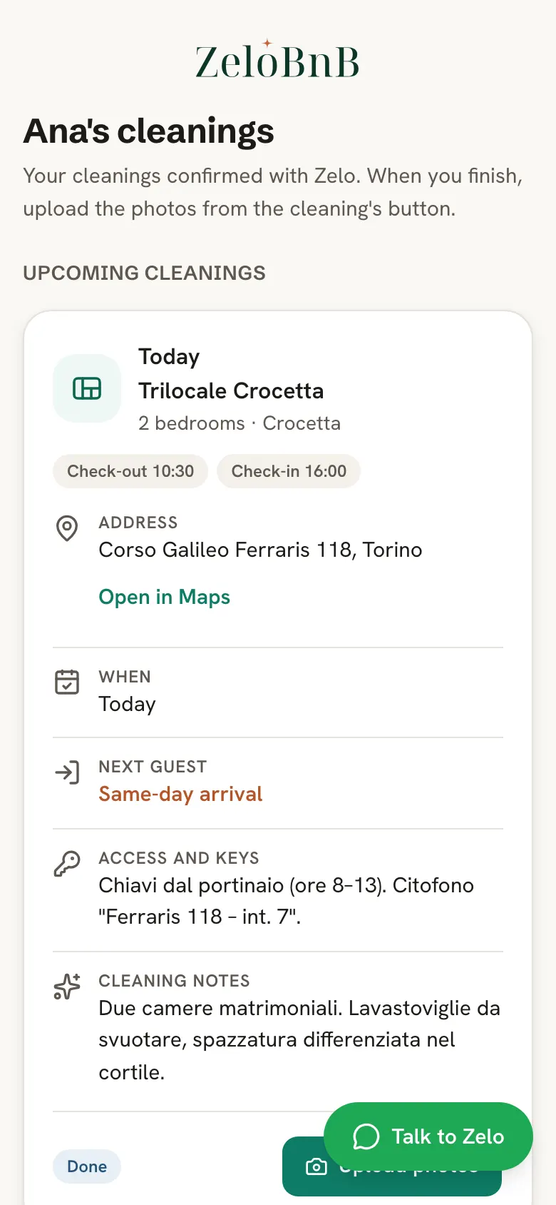 The professional's schedule: address, times, access and keys, cleaning notes