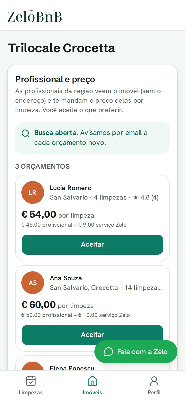 Os orçamentos das profissionais para um imóvel, no app