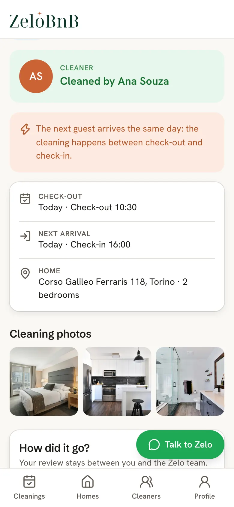 A cleaning's details in the app: professional, times, same-day arrival and photos of the finished home