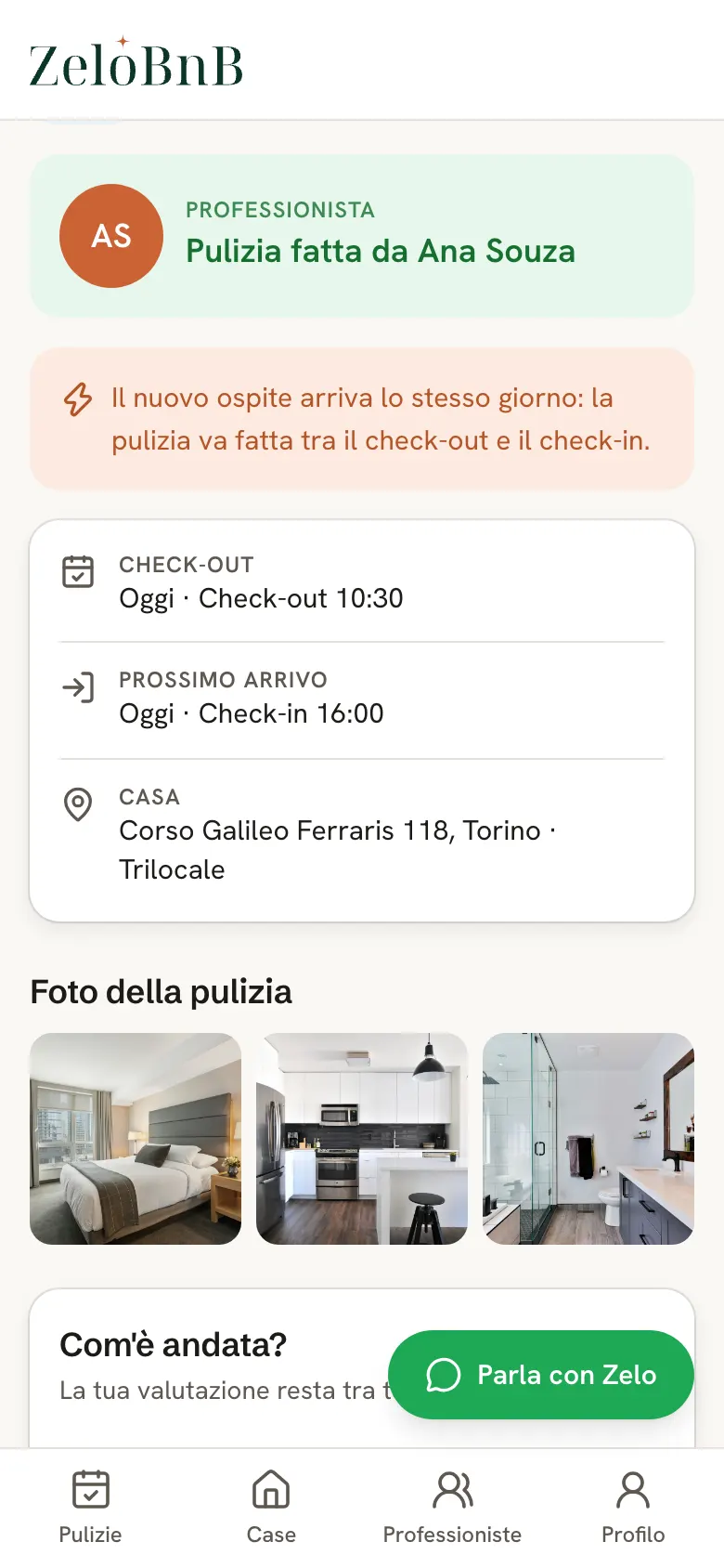 Il dettaglio di una pulizia nell'app: professionista, orari, arrivo nello stesso giorno e foto della casa pronta