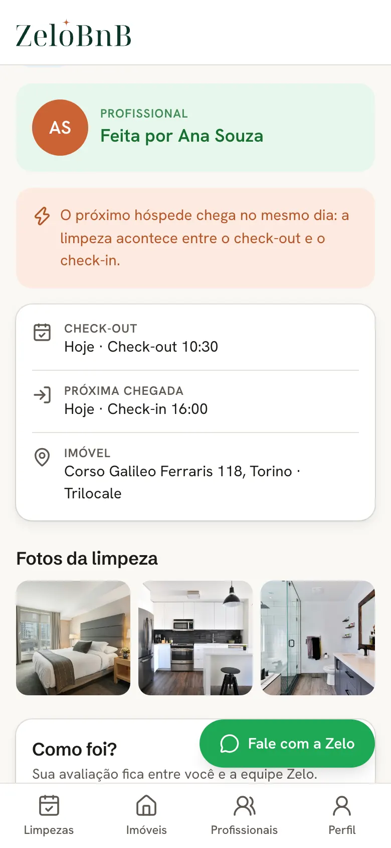 O detalhe de uma limpeza no app: profissional, horários, chegada no mesmo dia e fotos da casa pronta