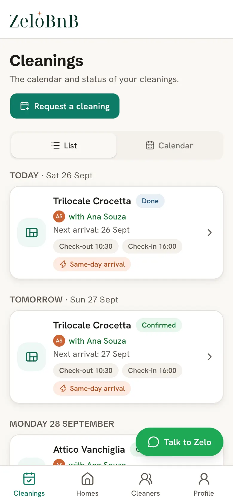 The list of cleanings in the ZeloBnB app: cleanings done, confirmed with the professional, and same-day arrivals