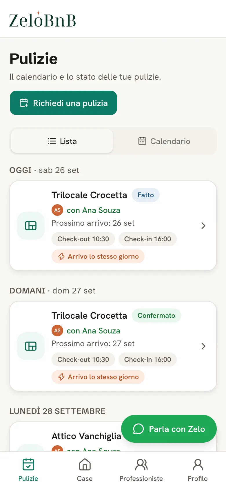 L'elenco delle pulizie nell'app ZeloBnB: pulizie fatte, confermate con la professionista e arrivi nello stesso giorno