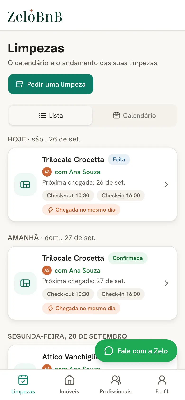 A lista de limpezas no app da ZeloBnB: limpezas feitas, confirmadas com a profissional e chegadas no mesmo dia